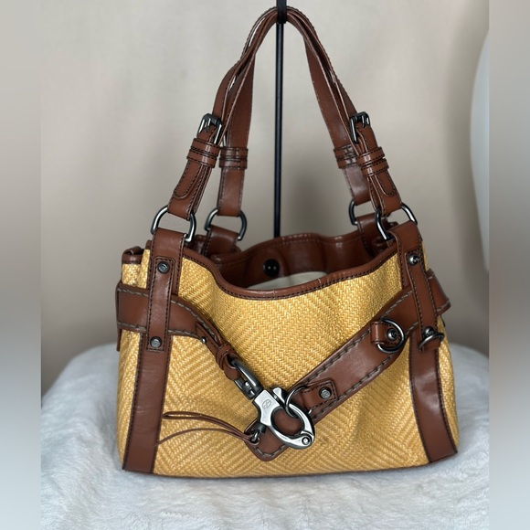 Francesco Biasia Handbags - Francesco Biasia Beige Straw Brown Faux Leather Purse Shoulder Bag Satchel Tote